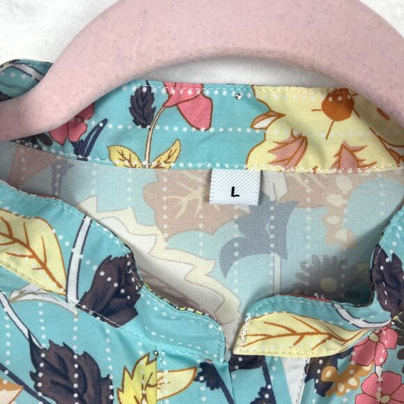 Boho Floral Paisley Tunic Blouse Womens SZ L Turquoise High neck High Low Hem - Picture 5 of 9